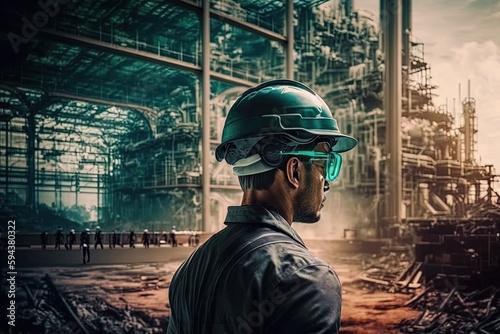 A man wearing a hard hat and goggles in front of a factory created with Generative AI technology © pham