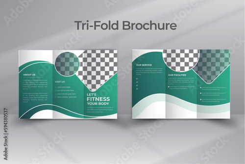 Gym and fitness tri fold brochure template Body building and fitness service promotional vector with discount section Fitness club admission flyer
