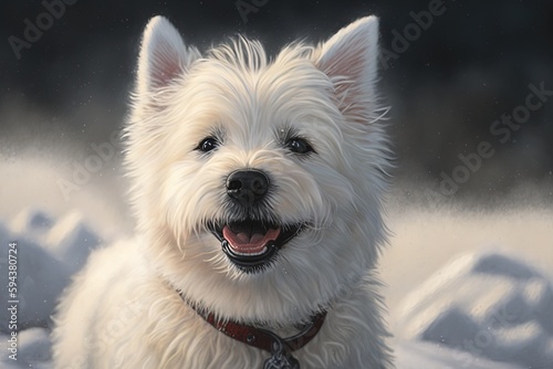 A painting of a white dog in the snow created with Generative AI technology