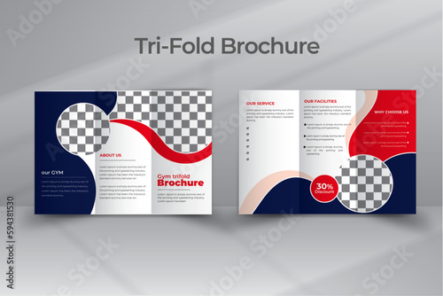 Fitness gym tri-fold brochure design template, Modern cover flyer layout with  creative concept abstract background
