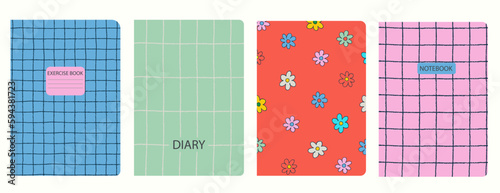 Fototapeta Naklejka Na Ścianę i Meble -  Set of cover page templates based on grid seamless patterns, spiral lines, flower pattern. Plaid backgrounds for school notebooks, diaries. Headers isolated and replaceable