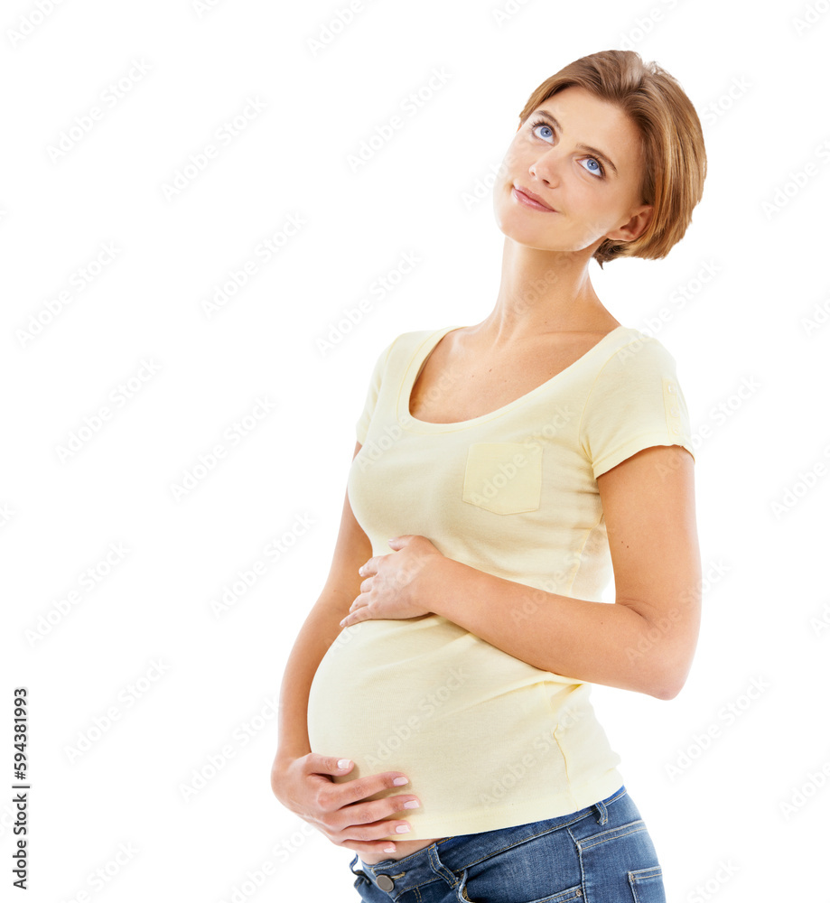 Pregnant woman, thinking and holding stomach with smile, gratitude and faith by png background. Isolated model, excited mom and happy for pregnancy, vision and ideas for motherhood, baby and future Pregnant woman, thinking and holding stomach with smile, gratitude and faith by png background. Isolated model, excited mom and happy for pregnancy, vision and ideas for motherhood, baby and future