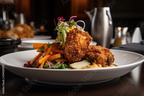 upscale restaurant, featuring crispy fried chicken and vegetable medley, created with generative ai photo