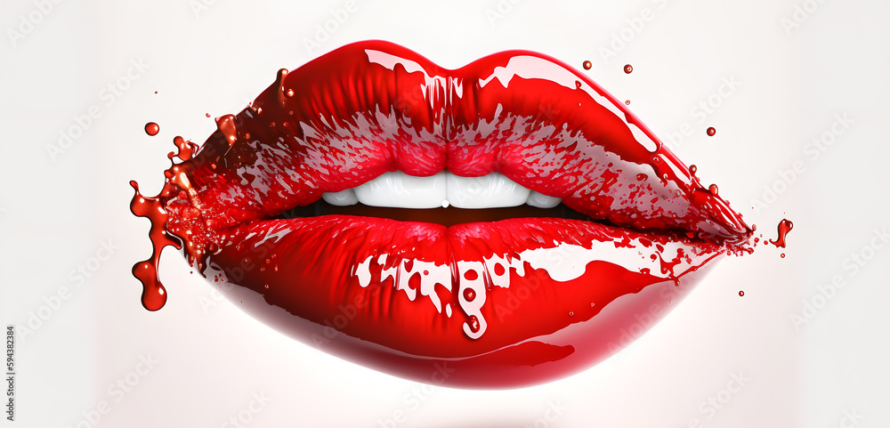 Woman lip set. Girl mouth close up with smudged red lipstick makeup isolated on white background. Generation AI Woman lip set. Girl mouth close up with smudged red lipstick makeup isolated on white background. Generation AI