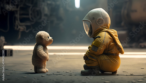 Concept life after apocalypse radioactive war  baby in nuclear radiation protection costume yellow play with toy bear. Generation AI