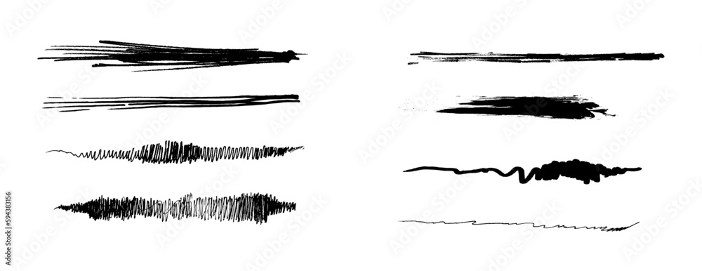 Full Vector Realistic Brush Paint Black Lines. Artist abstract highlighter, selection, pointing grunge hand drawn elements. 