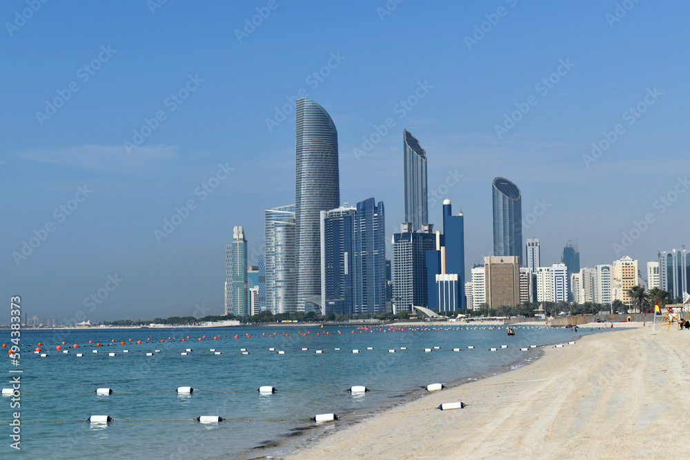 View of Abu Dhabi skyscrapers from Corniche Beach