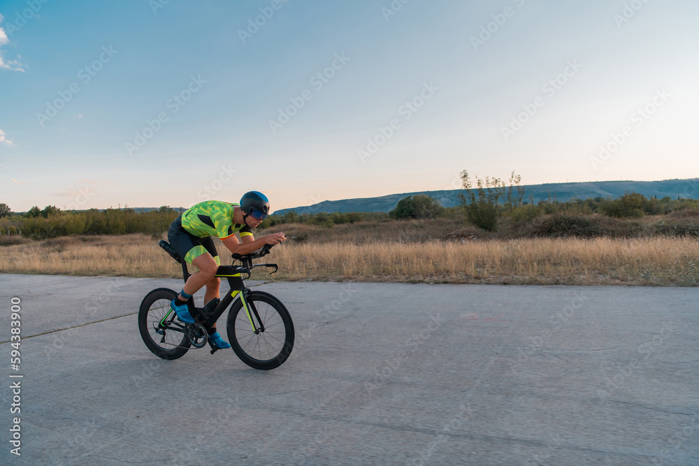 Obraz premium Triathlete riding his bicycle during sunset, preparing for a marathon. The warm colors of the sky provide a beautiful backdrop for his determined and focused effort.