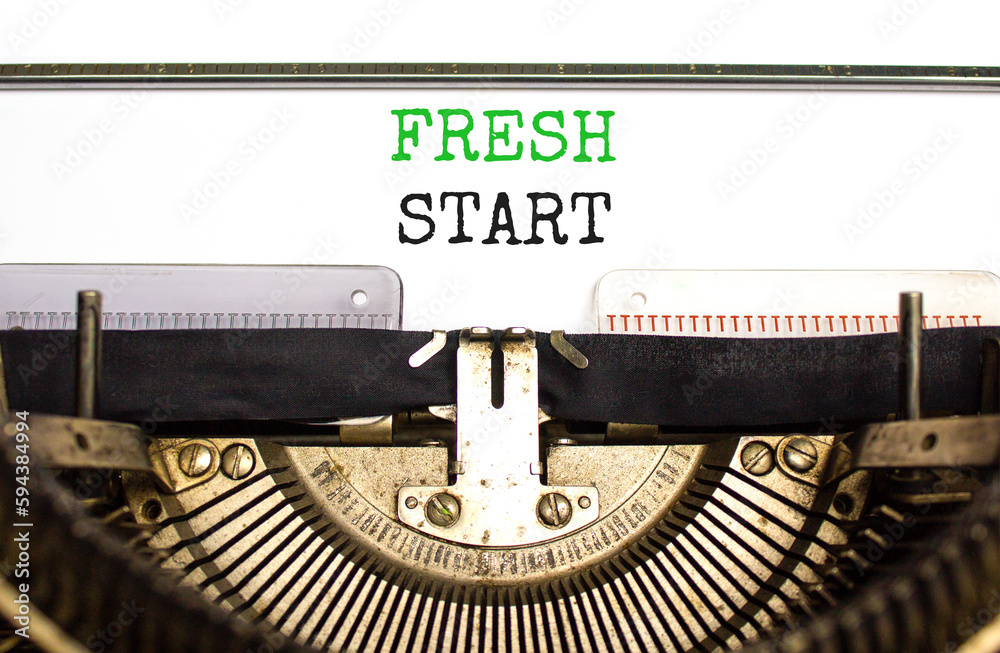 Fresh start and motivational symbol. Concept words Fresh start typed on beautiful old retro typewriter. Beautiful white background. Business motivational and Fresh start concept. Copy space.