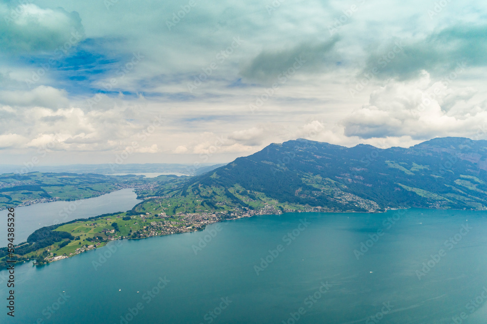 Aerial view of Lucerne lake with its Fjords and green mountains, Lucern, Switzerland