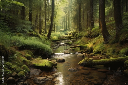 Fotótapéta forest with babbling brook and tranquil setting for forest and meditation, creat