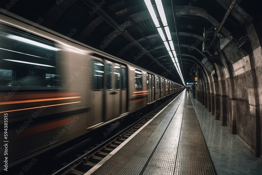 Underground metro or subway passing or departing the station with great speed. Public transportation transit motion concept. Ai generated Underground metro or subway passing or departing the station with great speed. Public transportation transit motion concept. Ai generated