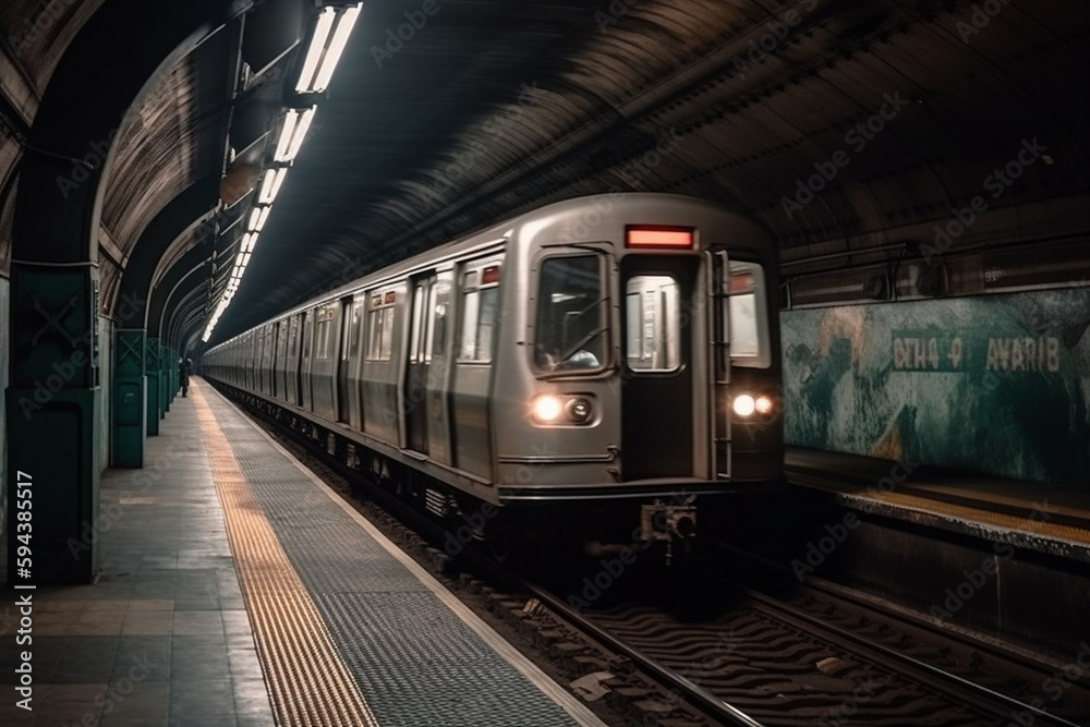 Fototapeta premium Underground metro or subway passing or departing the station with great speed. Public transportation transit motion concept. Ai generated