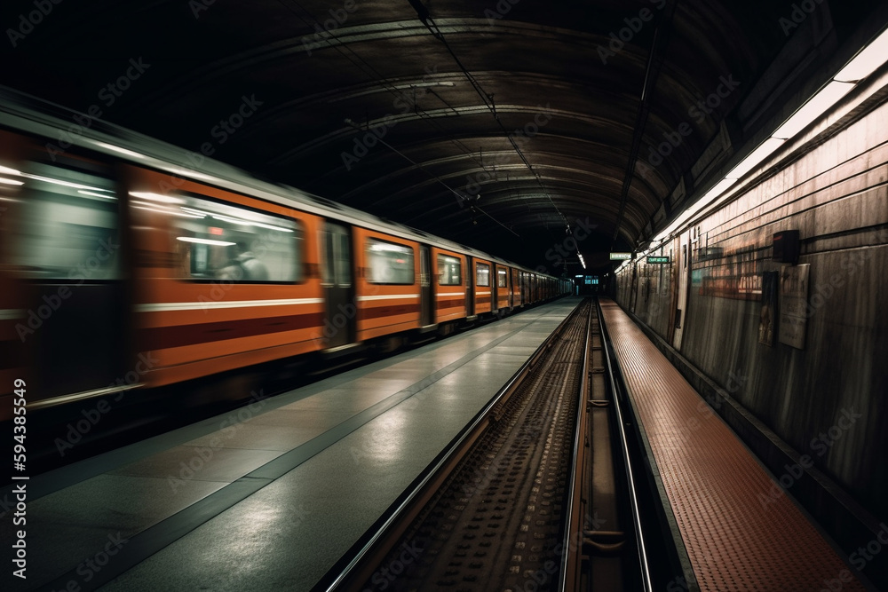 Underground metro or subway passing or departing the station with great speed. Public transportation transit motion concept. Ai generated