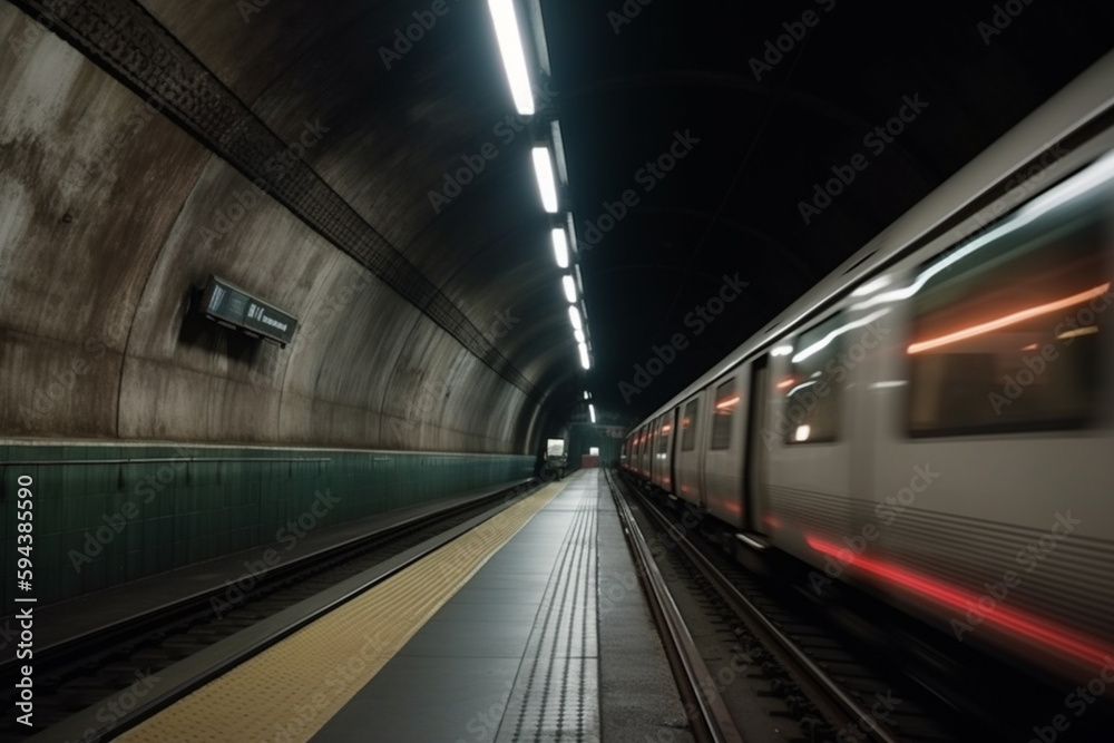 Underground metro or subway passing or departing the station with great speed. Public transportation transit motion concept. Ai generated