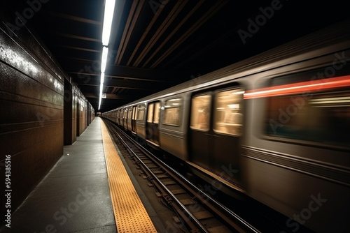 Underground metro or subway passing or departing the station with great speed. Public transportation transit motion concept. Ai generated