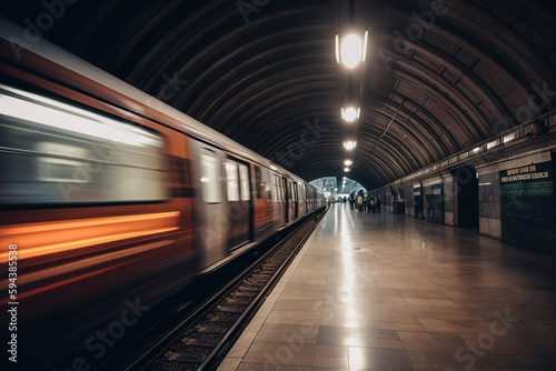 Underground metro or subway passing or departing the station with great speed. Public transportation transit motion concept. Ai generated © dragomirescu