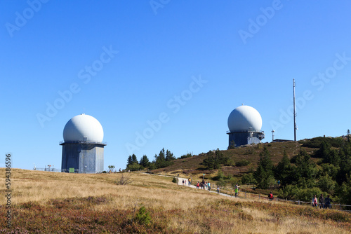 Mountain Großer Arber panorama with radar domes (radome) in Bavarian Forest, Germany