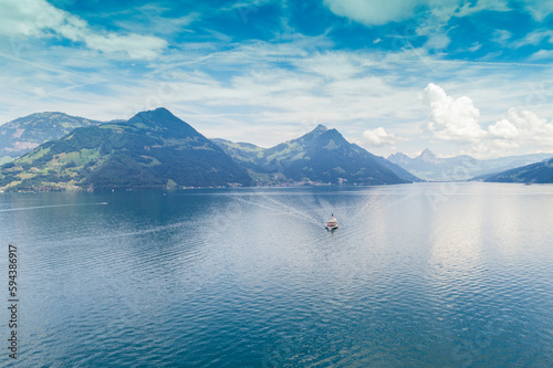 Aerial view of Lucerne lake with its Fjords and green mountains, Lucern, Switzerland