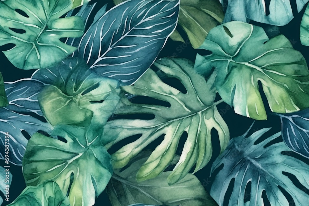 Seamless tropical leaves background. Monstera, strelitzia, palms. Watercolor jungle pattern. Generative ai. - obrazy, fototapety, plakaty 