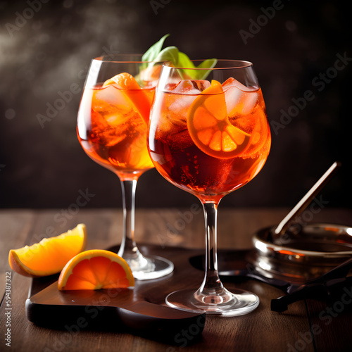 Popular cocktail Aperol Spritz closeup, generative AI.