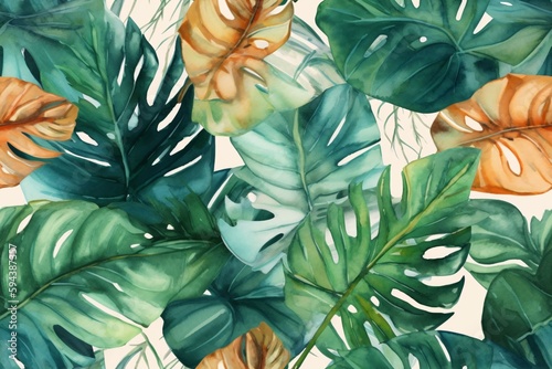Seamless tropical leaves background. Monstera, strelitzia, palms. Watercolor jungle pattern. Generative ai.