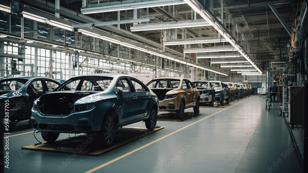Mass production assembly line of modern cars in a busy factory. Generative AI
Mass production assembly line of modern cars in a busy factory. Generative AI