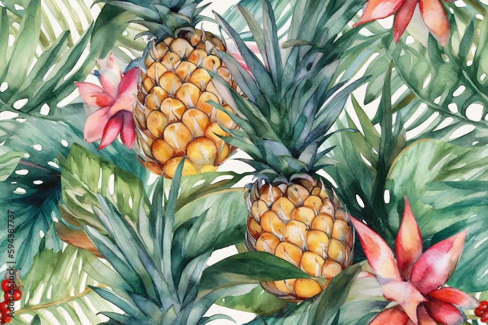 Obraz premium Palm leaves, tropical flowers orchid, hibiscus on background, watercolor botanical. Seamless patterns. Generative Ai.