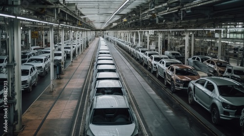 Mass production assembly line of modern cars in a busy factory. Generative AI 