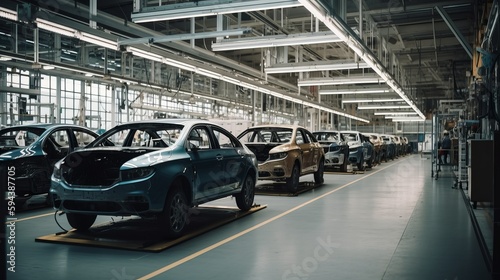 Mass production assembly line of modern cars in a busy factory. Generative AI  © Diatomic