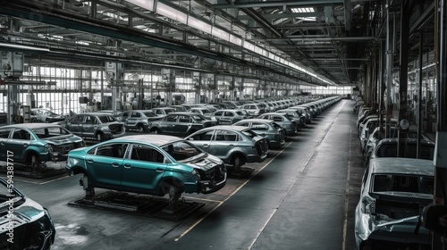 Mass production assembly line of modern cars in a busy factory. Generative AI
