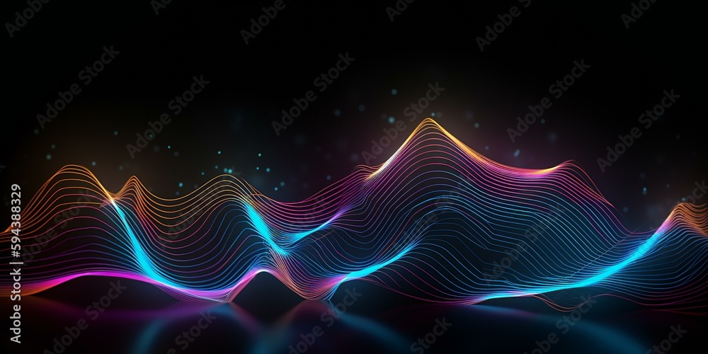 Abstract background of colorful neon wire waves glowing in the dark background. Modern wallpaper. Generative AI