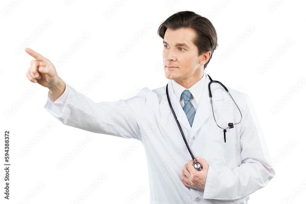 Man doctor in white robe presses with a finger Man doctor in white robe presses with a finger