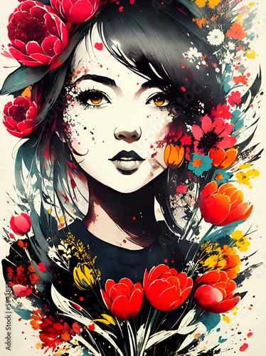 Beautiful girl in flowers. AI generated illustration