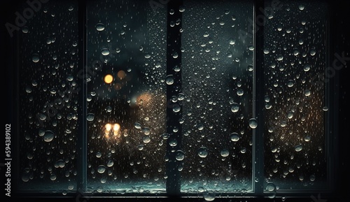Rain drops with light reflection on dark window surface, abstract wet texture, scattered pattern of pure aqua drops