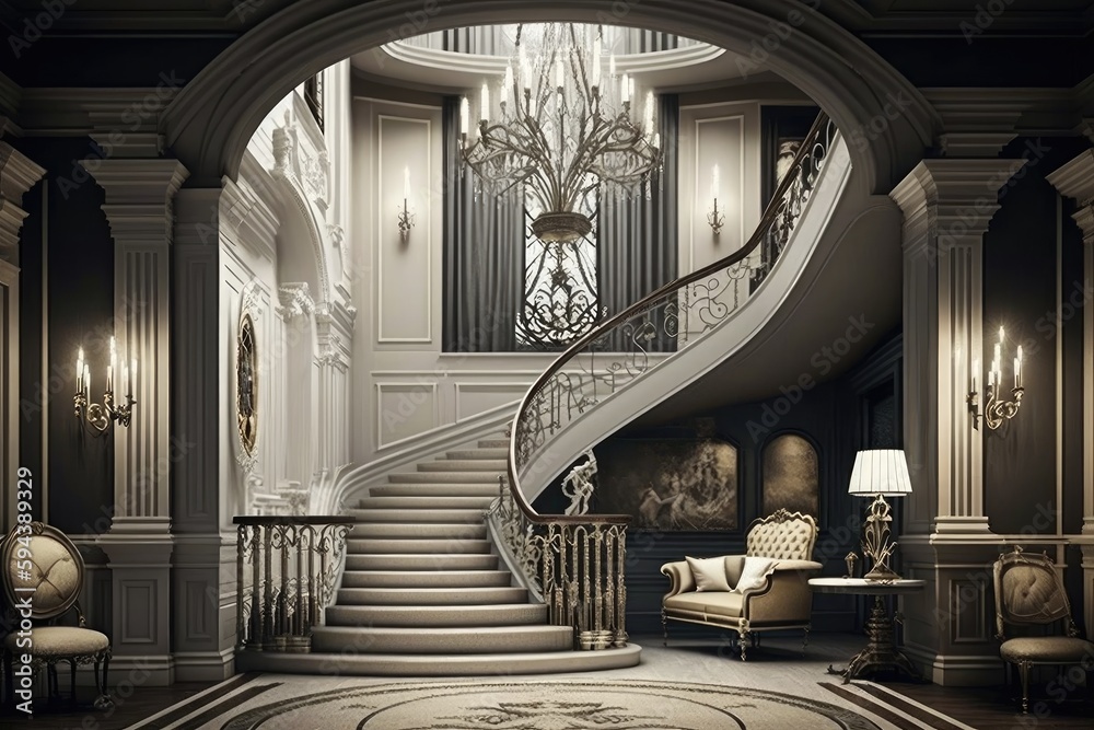 beautiful art deco interior, with grand staircase and chandelier ...