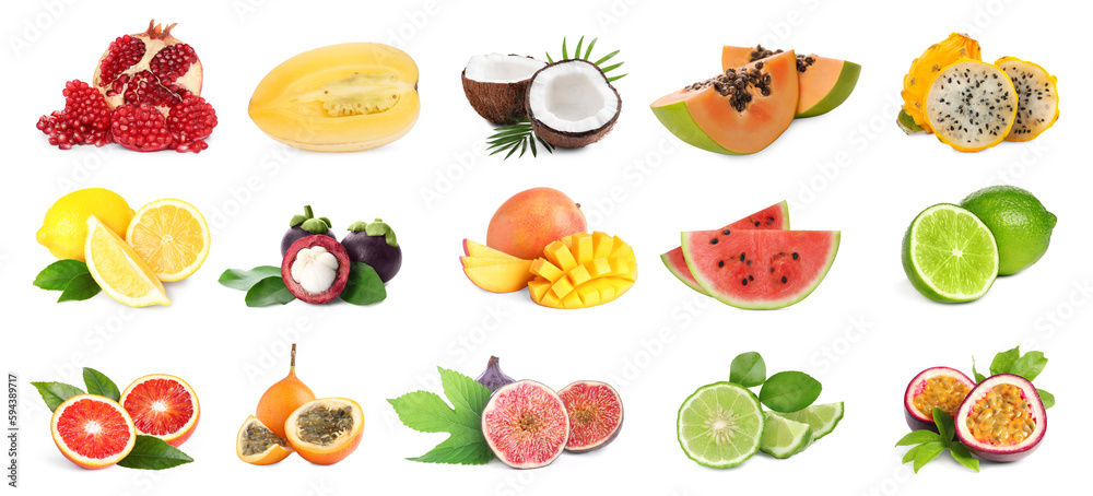 Collage with many fresh exotic fruits on white background Collage with many fresh exotic fruits on white background