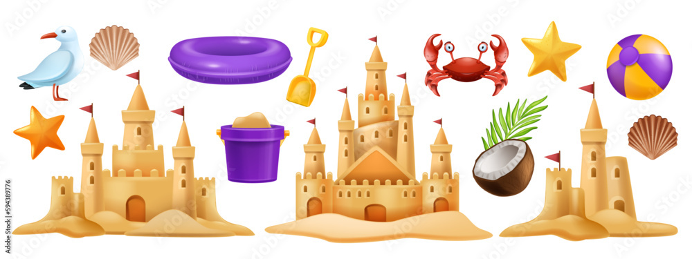 3D sand castle set, vector summer beach vacation clipart kit, kid ...