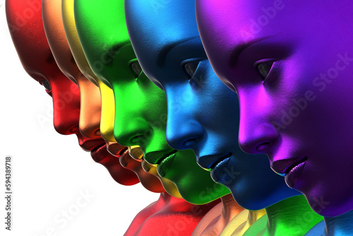 3d illustration. Row of multicolored women. Rainbow. metallic. 