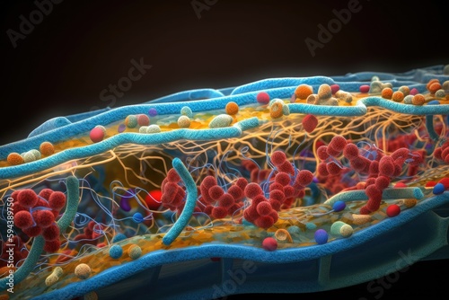 close-up of cell membrane, with key proteins and transport mechanisms visible, created with generative ai