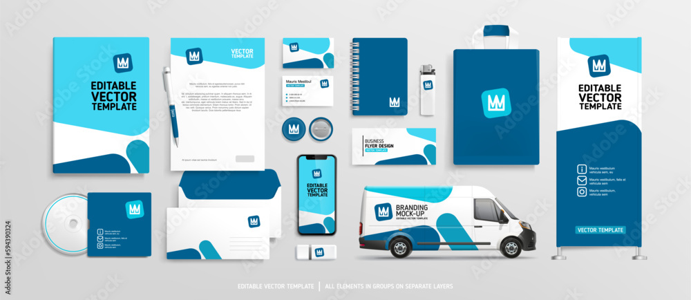 Concept of Blue Brand Identity Mock-Up of stationery. Corporate identity stationary mock-up set of business documets, banner, flyer. Company Car. Advertising promo elements. Editable vector template