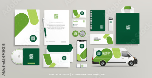 Green Brand Identity Mock-Up of stationery. Corporate identity Concept of stationary mock-up template. of business documets. Company Van branding. Advertising promo elements