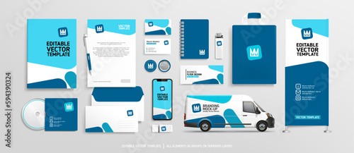 Concept of Blue Brand Identity Mock-Up of stationery. Corporate identity stationary mock-up set of business documets, banner, flyer. Company Car. Advertising promo elements. Editable vector template