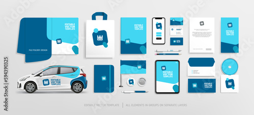 Stationery Mock-Up set with Brand Identity concept of Blue abstract geometric design. Branding stationery mockup template of File folder, flyer, banner, promotional van car, brochure. Editable vector