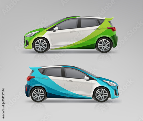 Brand identity conept and Company Car Muck-Up vector template. Abstract blue and green graphics design for corporate style on car. Realistic vector Car editable Mock-Up template set
