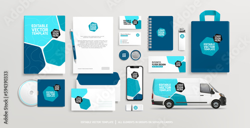 Blue Brand Identity Mock-Up of stationery. Corporate identity Concept of stationary mock-up set of business documets, banner, flyer. Company Van. Advertising promo elements. Editable vector template