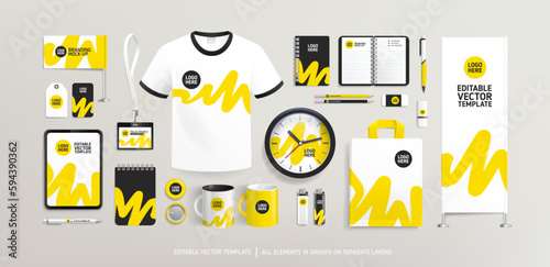 Promotional souvenirs with yellow Brand Identity design concept on stationery. Stationery branding mock-up template. Brand presentation mock-up set. Promotion AD  banner design. Editable vector  