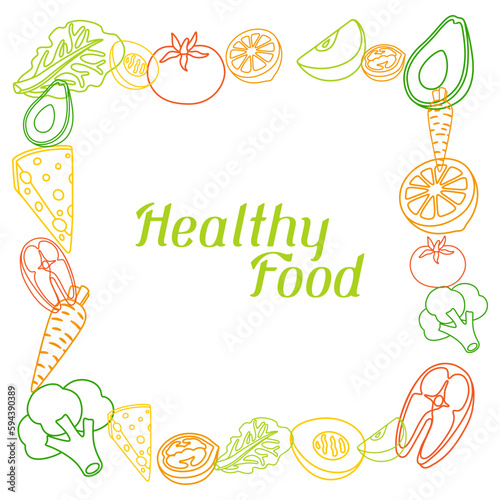Frame with healthy eating and diet meal. Fruits, vegetables and proteins for proper nutrition.
