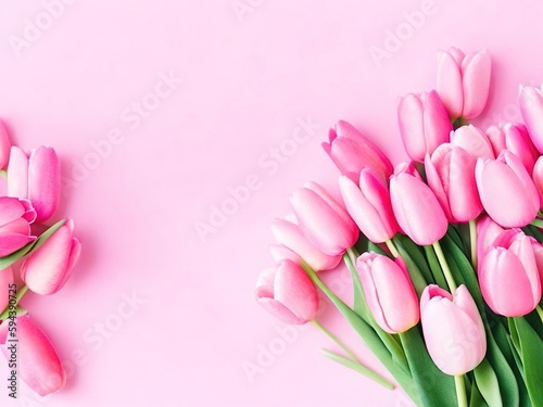 Bouquet of pink tulips flowers on pastel pink background For Valentine's Day, Easter, Birthday, Happy Women's Day, Mother's Day