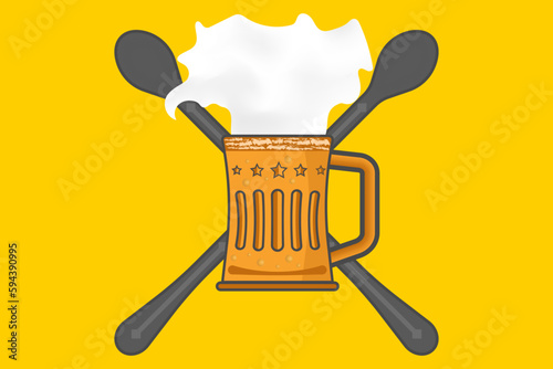 mug of beer with bubbles and foam at the top and two crossed legs at the back